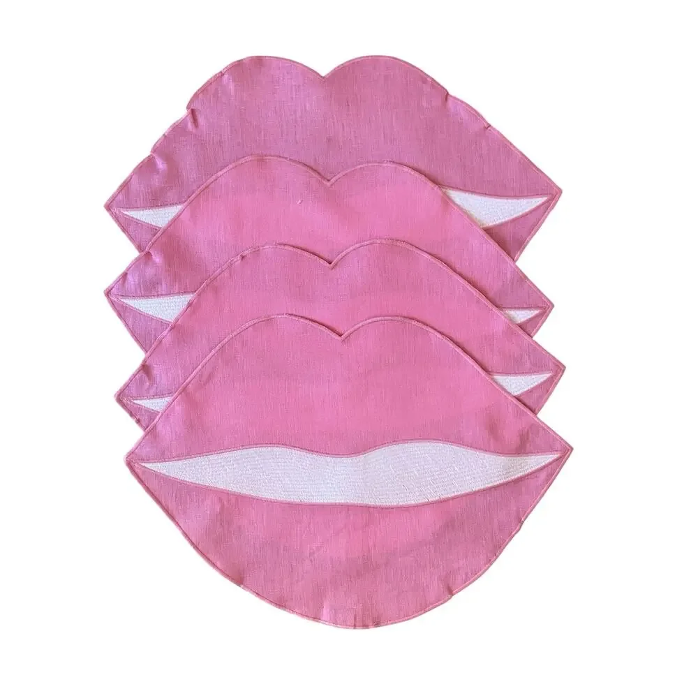 Chefanie PINK Linen Lip Shaped Placemats 13x18 Set of 4 Valentines Day XO New